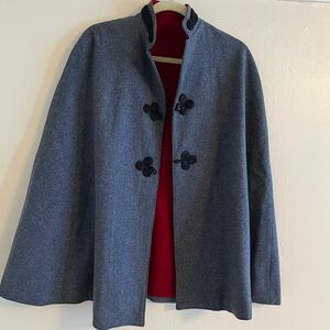 Grey Wool-Blend Cape with Red Lining and Frog Closures
